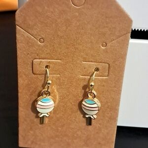 Hand crafted white/pink/blue stripped lollipop earrings NWT